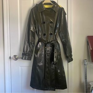 Jane Post Olive Green High Gloss Trench Coat, NWOT